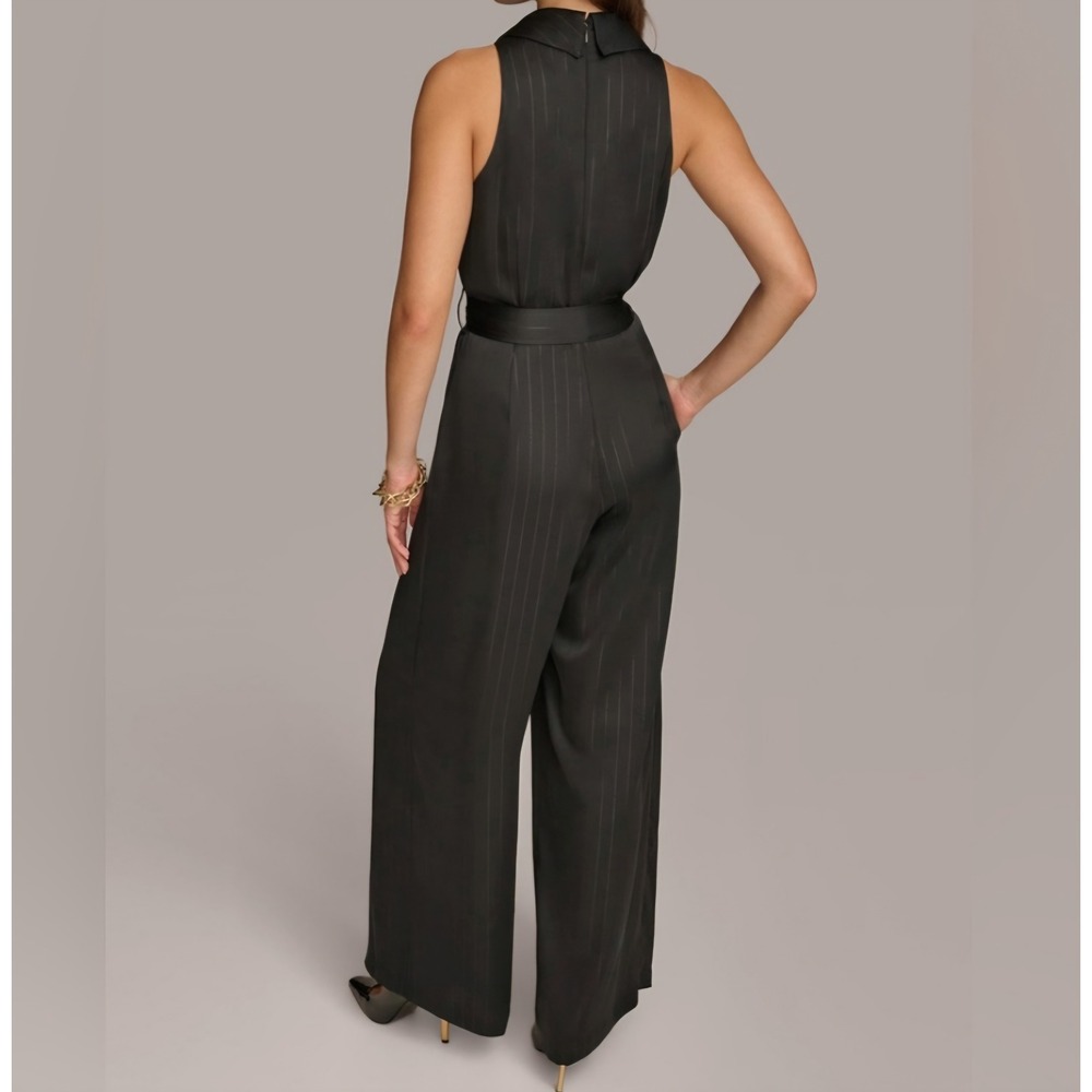 Donna Karan Black Fine Silver Pinstripe Wide Leg Halter Jumpsuit Sz 10 - Picture 2 of 7